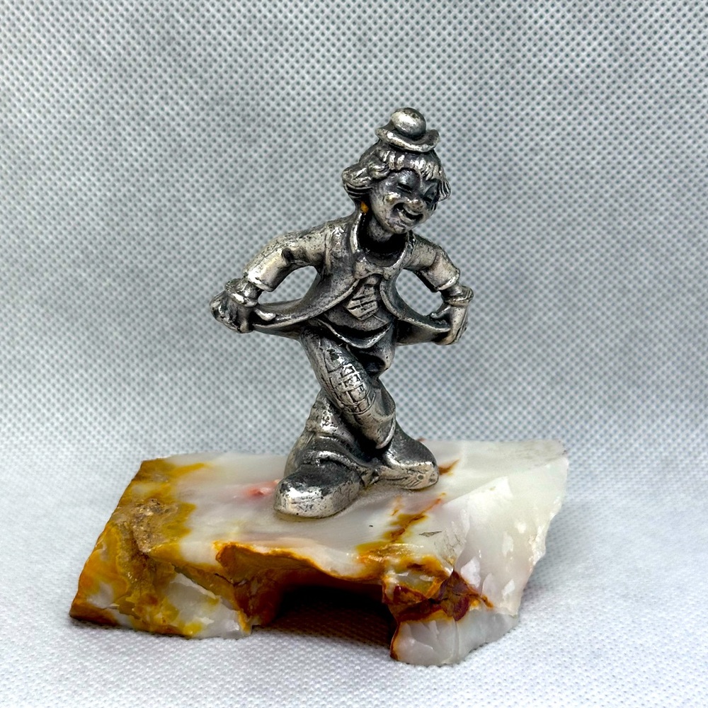 Peltro Italy Vintage Circus Clown Pewter Figurine 2.5” on Quartz Stone Pedestal